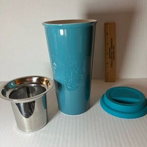 Teal Blue Sipology Ceramic Travel Mug/Cup w/ Infuser and Silicone Lid.